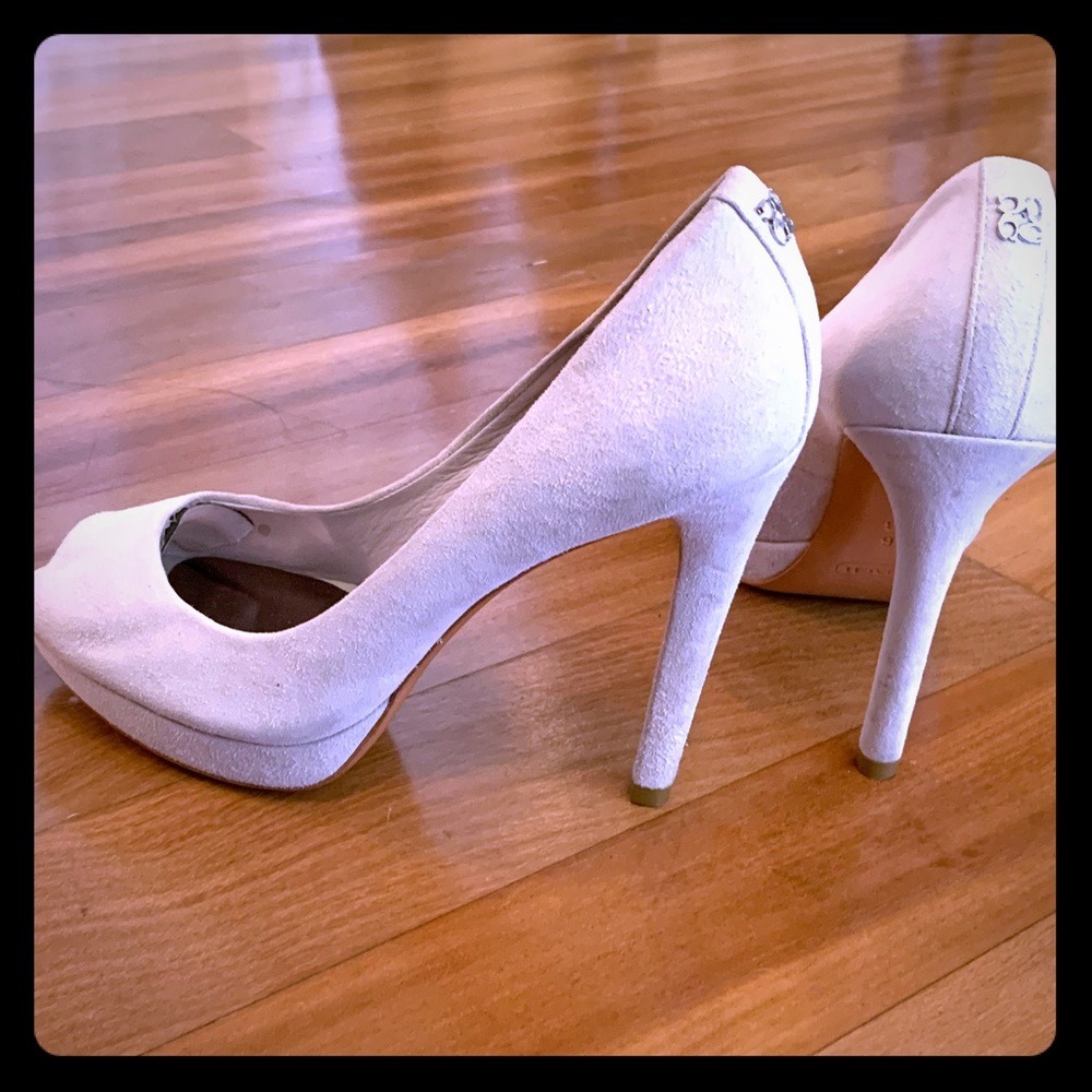 Coach light gray platform suede peep toe stiletto
